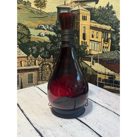 Vintage Red Glass Hanging Lantern Tea Light Holder With Metal Wire Wrap & Handle - Picture 9 of 11